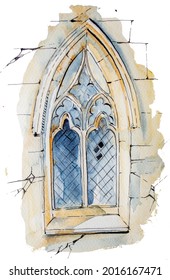 Watercolor Hand Painted Castle Isolated On White. Medieval Architecture Illustration. Fairytale Design.