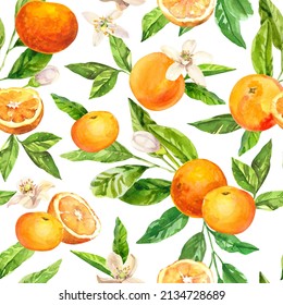 Watercolor hand painted citrus orange, grape fruits, flowers and branches.  Watercolor hand drawn seamless pattern, wallpaper, wrapping paper, aromatherapy, essential oils