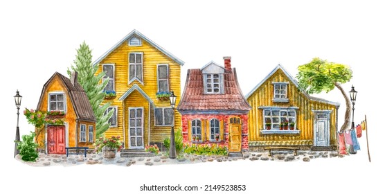 Watercolor Hand Painted Colorful Old Street Facade. Small Town Street View With Cute Cozy Houses.