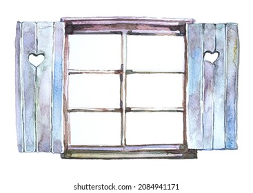 Watercolor Hand Painted Countryside House Window Isolated On A White Background. Rustic Design.