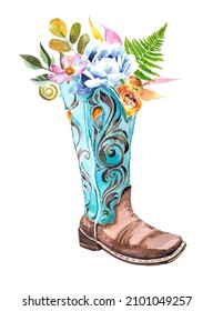 Watercolor hand painted cowboy boots and sunflowers rustic clipart set isolated on a white background. Wild West design set. Ranch concept illustration.
