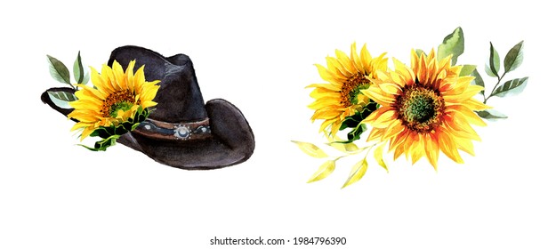 Watercolor Hand Painted Cowboy Hat And Sunflowers Rustic Clipart Set Isolated On A White Background. Wild West Design Set. Ranch Concept Illustration.