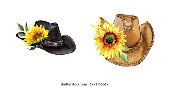 Watercolor Hand Painted Cowboy Hat And Sunflowers Rustic Clipart Set Isolated On A White Background. Wild West Design Set. Ranch Concept Illustration.