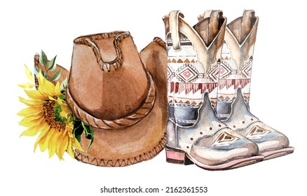 Watercolor hand painted cowboy hat and cowboy boots clipart set isolated on a white background. Wild West design set. Ranch concept illustration.  Cowgirl themed illustration.