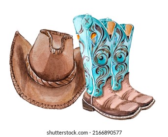 Watercolor hand painted cowboy hat and cowboy boots clipart set isolated on a white background. Wild West design set. Ranch concept illustration.  Cowgirl themed illustration.