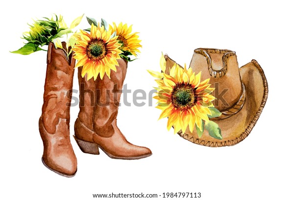 Watercolor Hand Painted Cowboy Hat Sunflowers Stock Illustration 1984797113