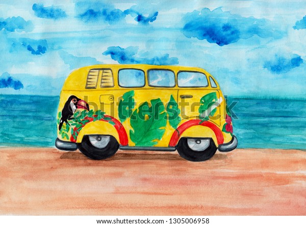 Watercolor hand\
painted cute yellow bus on the hot summer beach illustration for\
your art and design.Is good for post cards,book\
cover,invitations,design and\
more.