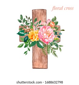 Watercolor hand painted Easter cross with pink flowers, green foliage, isolated on white background. Spring wreath decoration, Religious Floral symbol, seasonal holiday design.