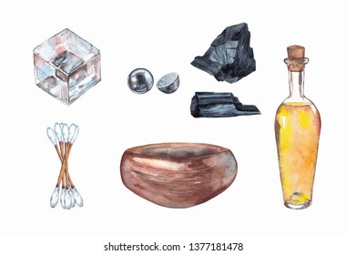 Watercolor hand painted elements on white background. Realistic natural cotton buds, wooden cup, black coal, mineral cube, metal bolls, oil bottle.  - Powered by Shutterstock