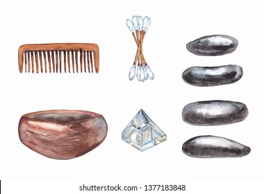 Watercolor hand painted elements on white background. Realistic natural cotton buds, wooden comb, cup, black sea stones, mineral pyramid.   - Powered by Shutterstock