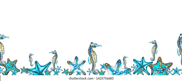 Watercolor hand painted elements on white background. Seamless bottom border with sea stars and seahorses in blue and yellow colours.