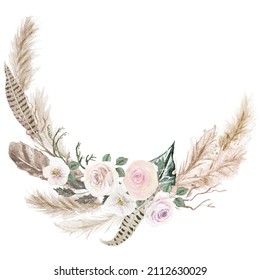 Watercolor Hand Painted Exotic Wreath, Dry plant isolated on white background, Bohemian tropical leaves and branches of pampas grass Frame, Pastel Floral Illustration for wedding design, greetings