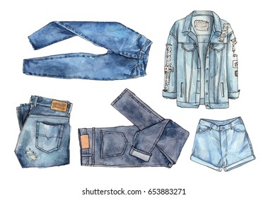 Watercolor Hand Painted Fashion Denim. Isolated Elements Collection