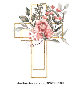 Watercolor hand painted  Floral Cross Clipart, Easter Religious greenery illustration,  Baptism Cross clip art,  Holy Spirit clipart, golden frame