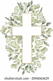 Watercolor hand painted  Floral Cross Clipart, Easter Religious greenery illustration,  Baptism Cross clip art,  Holy Spirit clipart, golden frame, wedding