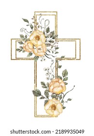 Watercolor Hand Painted Floral Cross With Golden Frame Clipart, Easter Religious Illustration, Greenery And Yellow Peony Cross, Baptism Clip Art, Holy Spirit Art, Wedding Invitation