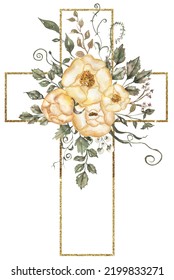 Watercolor hand painted floral cross and golden frame clipart  Easter Religious illustration  greenery   yellow peony cross  Baptism clip art  Holy Spirit art  wedding invitation