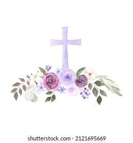 Watercolor hand painted floral  religious easter cross isolated on white. Decorative traditional symbol clipart with pastel purple flowers and leaves