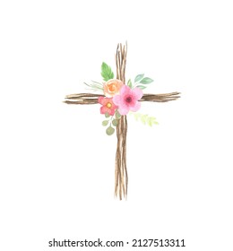 Watercolor hand painted floral religious easter cross isolated on white. Decorative traditional symbol clipart with pastel pink, yellow flowers and leaves