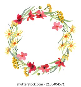 Watercolor hand painted floral round frame with yellow camomile and red poppy wild flowers isolated on white. Beautiful meadow wreath. Great template for greeting cards design,  invitations. 