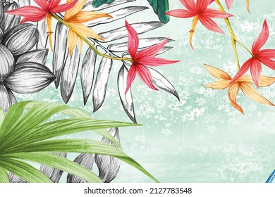 Watercolor hand painted flower leaves bird landscape