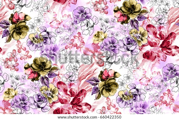 Watercolor Hand Painted Flowers Black Outlined Stock Illustration 660422350