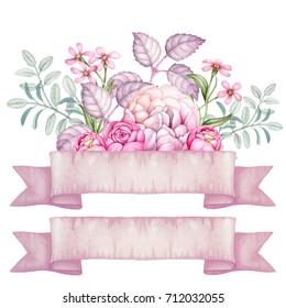 Watercolor Hand Painted Flowers. Isolated Flowers With Ribbon. Pink Roses And Peony. Ribbon.