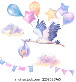 Watercolor hand painted flying white stork with sleeping baby bunny, colored balloons, clouds, flags. Hand painted ciconia bird illustration isolated on white background. - Powered by Shutterstock