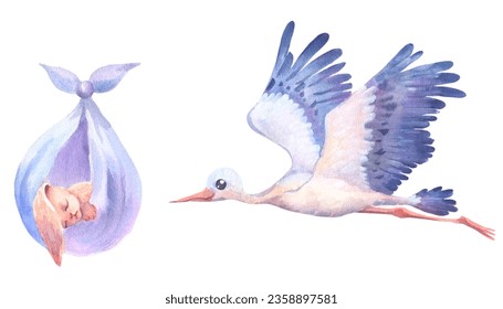 Watercolor hand painted flying white stork with sleeping baby bunny. Hand painted ciconia bird illustration isolated on white background - Powered by Shutterstock