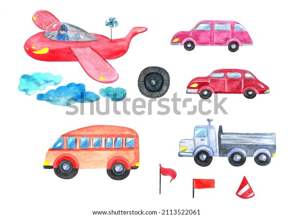 Watercolor hand painted funny cars set on white\
for your creative space and design.Is good for\
prints.cards,invitation,fabric  and paper design and\
more.
