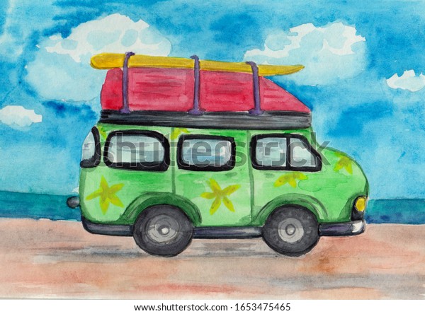 Watercolor hand painted funny green bus is going\
to he summer beach illustration for your art and design.Is good for\
prints,poster,book cover and illustration,cards,invitation and more\
creative\
ideas.