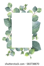 Watercolor Hand Painted Green Floral Card With Silver Dollar Eucalyptus Leaves And Branches Isolated On White Background. Healing Herbs For Cards, Wedding Invitation, Save The Date Or Greeting Design.