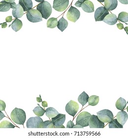 Watercolor hand painted green floral card with eucalyptus leaves and branches isolated on white background. Healing Herbs for cards, wedding invitation, posters, save the date or greeting design.