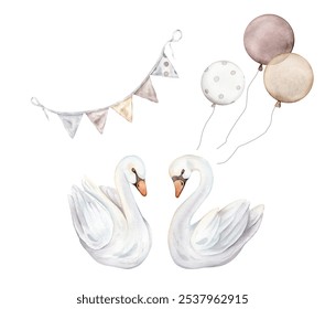 Watercolor hand painted illustration of couple of cute swans in love in pastel color. Garland with flags and balloons on isolated. Wedding symbol of fidelity in the family. For wedding greeting card. - Powered by Shutterstock