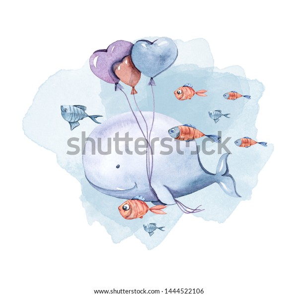 水彩手描きのイラスト 白い背景にかわいいクジラと風船と魚 漫画のキャラクター のイラスト素材