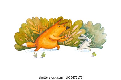 Watercolor hand painted illustration of sly fox catches up with the rabbit. Cute cartoon characters on forest background isolated on white. Baby print design
