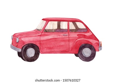 Watercolor hand painted  illustration with vintage red car isolated on white background. 