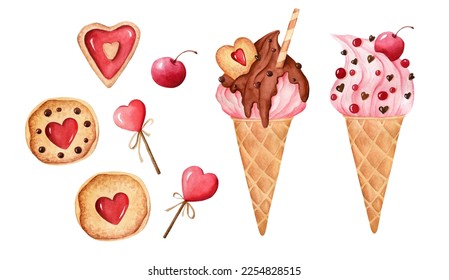 Watercolor hand painted illustrations set of ice cream, cookie, candy. Red heart, pink cream and chocolate decor. Isolated. Perfect for Valentine's day, romantic wedding, birthday. - Powered by Shutterstock