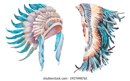 Watercolor Hand Painted Indian Headdress Illustration Stock ...