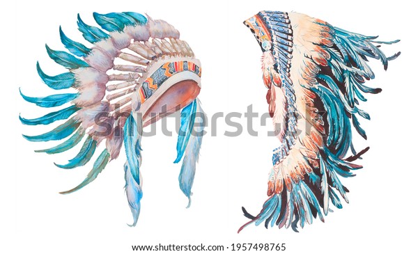 Watercolor Hand Painted Indian Headdress Illustration Stock ...