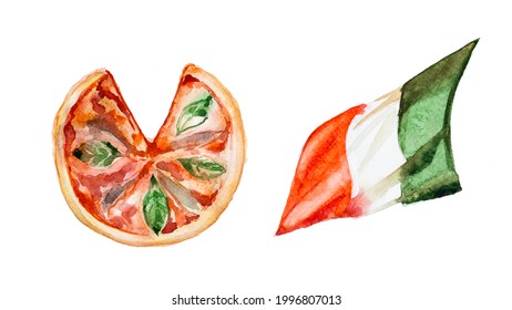 Watercolor Hand Painted Italian Flag And Pizza Designs Set. Travel To Italy Concept. 