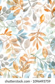 Watercolor Hand Painted Leaves And Branches. Seamless Pattern On A White Background