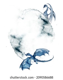 Watercolor hand painted magical dragon clipart isolated on a white background. Wizardry world design. Fairytale dragon illustration.
