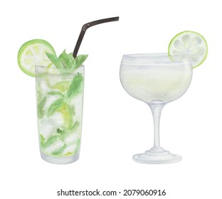 Watercolor hand painted mojito cocktail in glass with straw and slice green lime, mint, cubical ice. Isolated clip art of refreshment for decoration menu in restaurant, cafe. Alcohol beverage drink