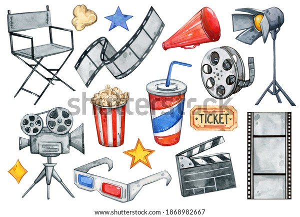 Watercolor hand painted Movie Night set.\
Cinematography, shooting, stars, ticket, popcorn, movies.\
Illustration isolated on white background. Use it for postcards,\
invitations, and\
scrapbooking.