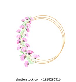 Watercolor Hand Painted Nature Circle Frame With Delicate Leaves On Branches And Pink Flowers Wreath Bouquet On White Background For Invitation