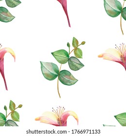 Watercolor hand painted nature floral greenery seamless pattern and pink blossom honeysuckle flowers   green eucalyptus leaves branch isolated the white background for print design