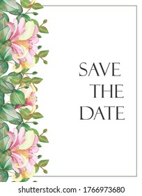 Watercolor hand painted nature floral wedding border frame and pink honeysuckle flowers  green eucalyptus leaves branch   save the date text the white background for invitation card