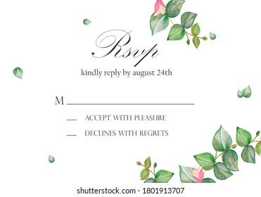 Watercolor Hand Painted Nature Floral Romantic Wedding Frame With Green Eucalyptus Branches, Pink Honeysuckle Buds And Rsvp Accept Or Decline Text On The White Background For Invitation Card