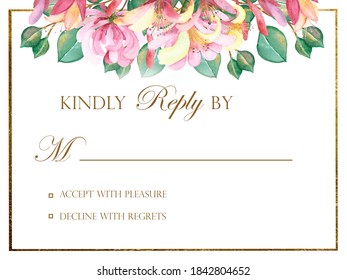 Watercolor hand painted nature floral frame and pink honeysuckle flower   green eucalyptus branch bouquet and golden border line   rsvp text for wedding celebration invitation card